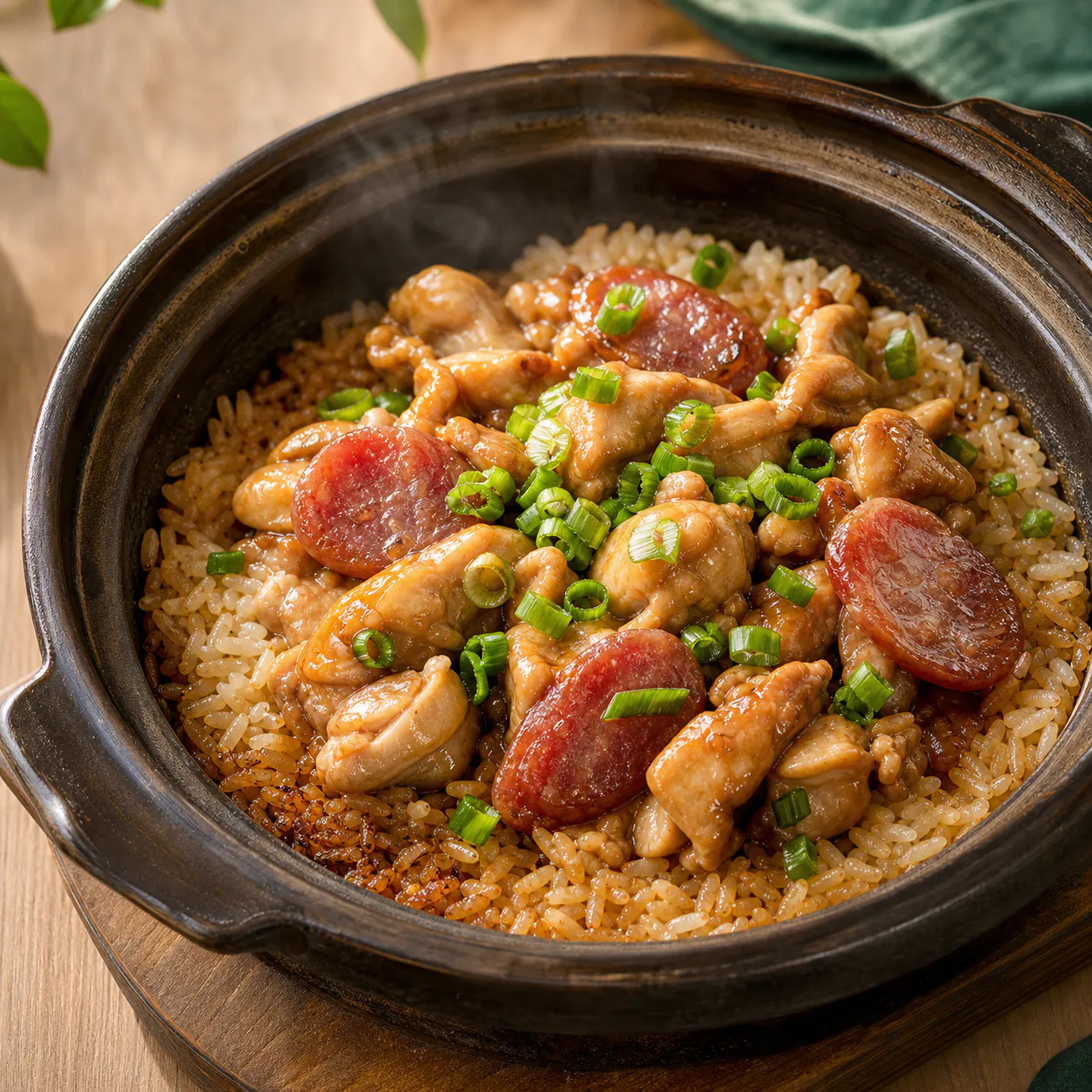 Chicken Claypot Rice with Cantonese sausage and scallions