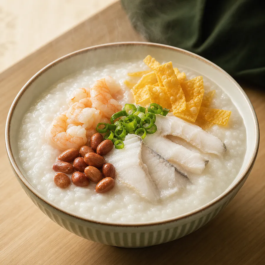 Signature Boat Congee with fish, shrimp, peanuts, scallions, and crisp wonton pieces