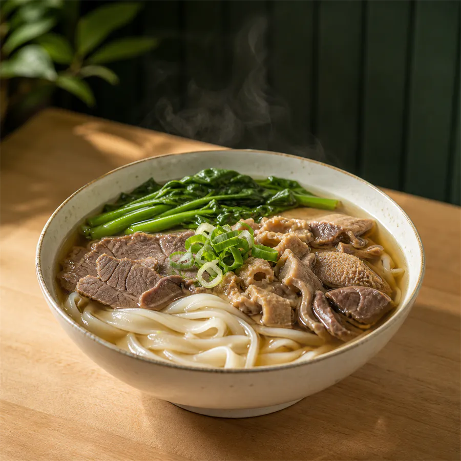 Signature Beef Offal Noodle Soup with flat rice noodles, greens, and scallions